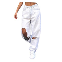 High Waist Women&#39;s Jeans Retro Wide Leg Pants Trousers Streetwear Holes Ripped Y2K Jean Teen Girls Straight Denim Jeans