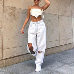 High Waist Hole Ripped White Jeans Y2k Vintage 90s Denim Straight Pants Streetwear Hollow Boyfriend Baggy Denim Trousers