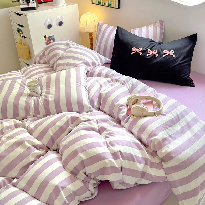 Beige Striped Cotton Bedding Set