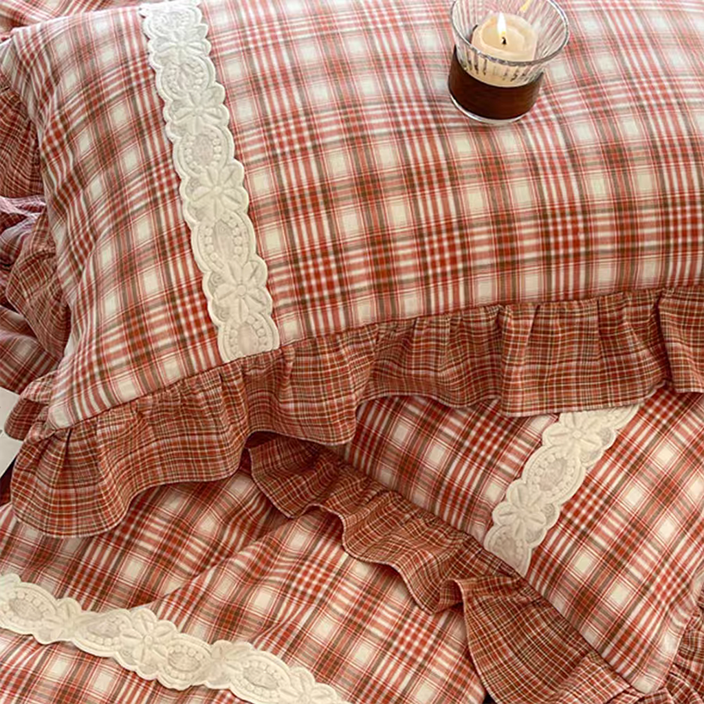 Red Tartan Plaid Ruffle Duvet Cover