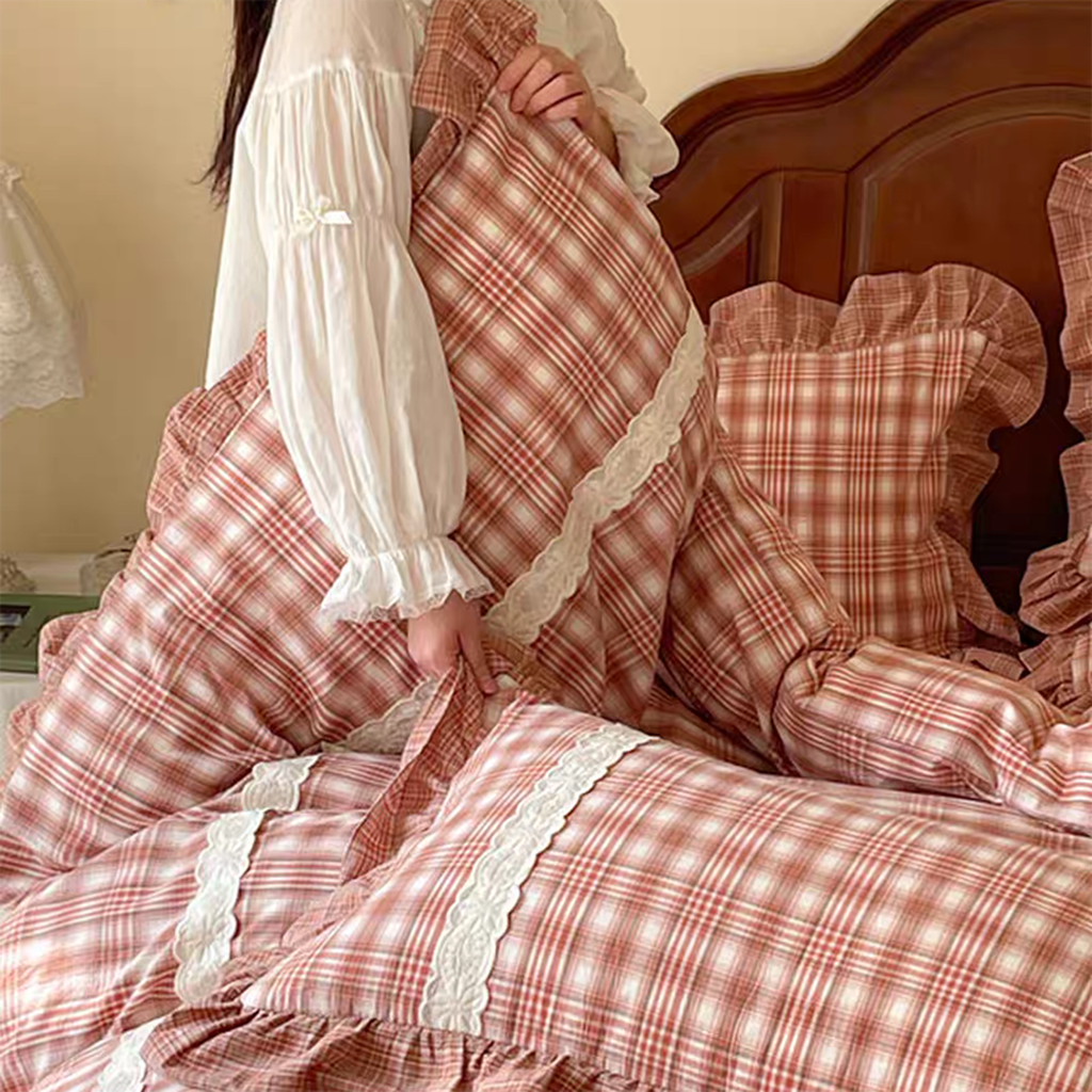 Red Tartan Plaid Ruffle Duvet Cover