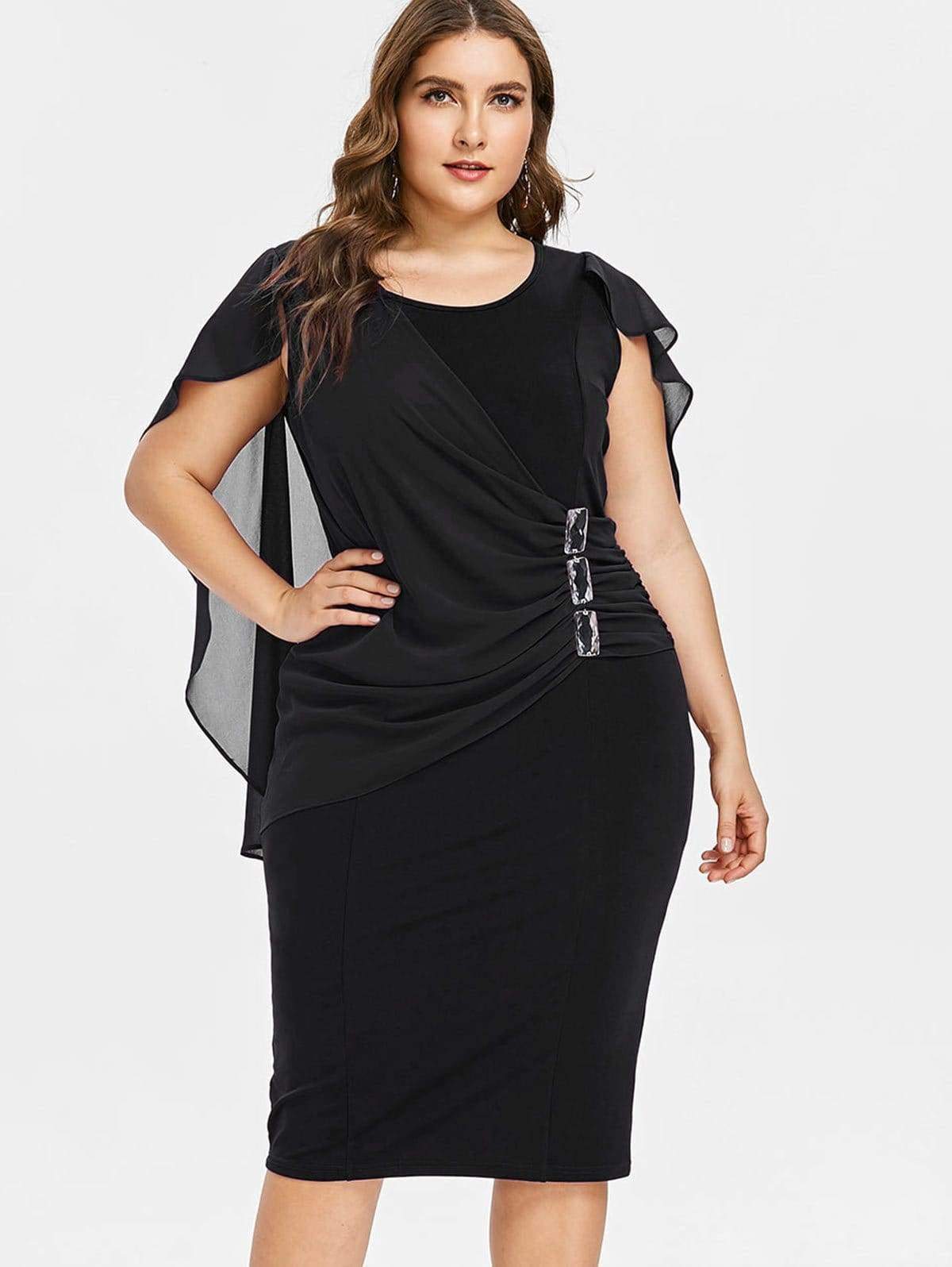 Clearance Rhinestone Ruched Embellished Capelet Dress O-Neck Sleeveless