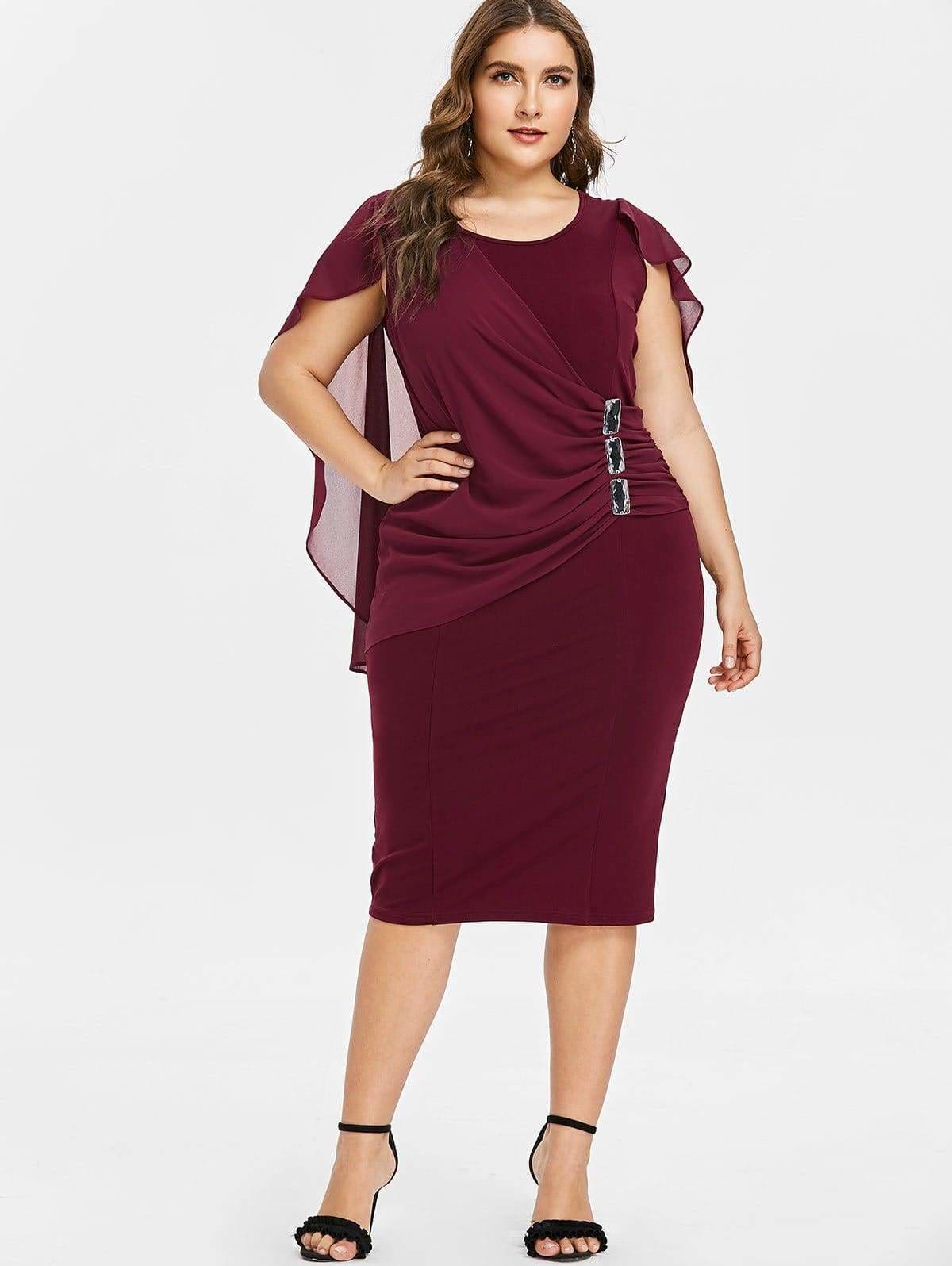 Clearance Rhinestone Ruched Embellished Capelet Dress O-Neck Sleeveless