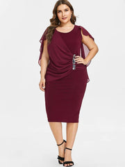 Clearance Rhinestone Ruched Embellished Capelet Dress O-Neck Sleeveless