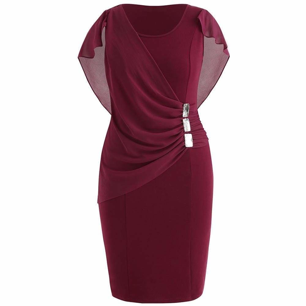 Clearance Rhinestone Ruched Embellished Capelet Dress O-Neck Sleeveless