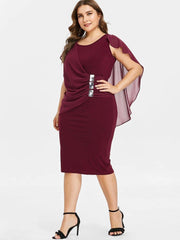 Clearance Rhinestone Ruched Embellished Capelet Dress O-Neck Sleeveless