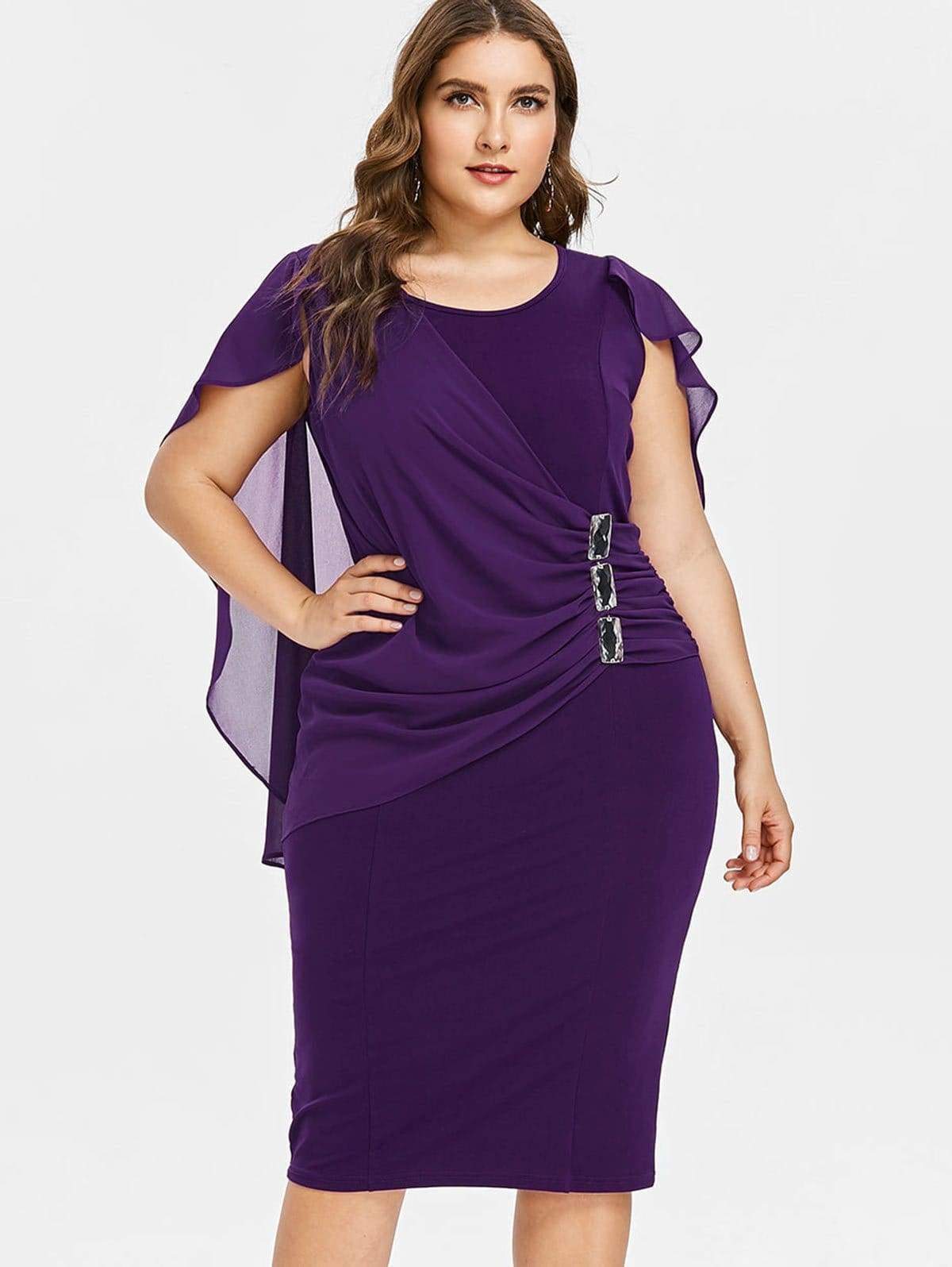 Clearance Rhinestone Ruched Embellished Capelet Dress O-Neck Sleeveless