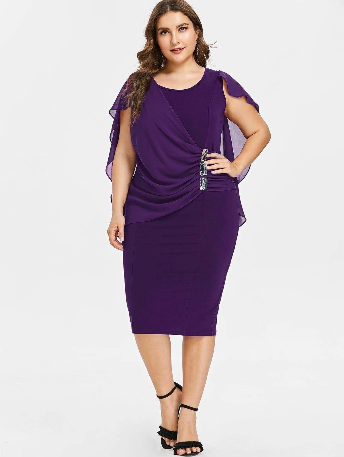 Clearance Rhinestone Ruched Embellished Capelet Dress O-Neck Sleeveless