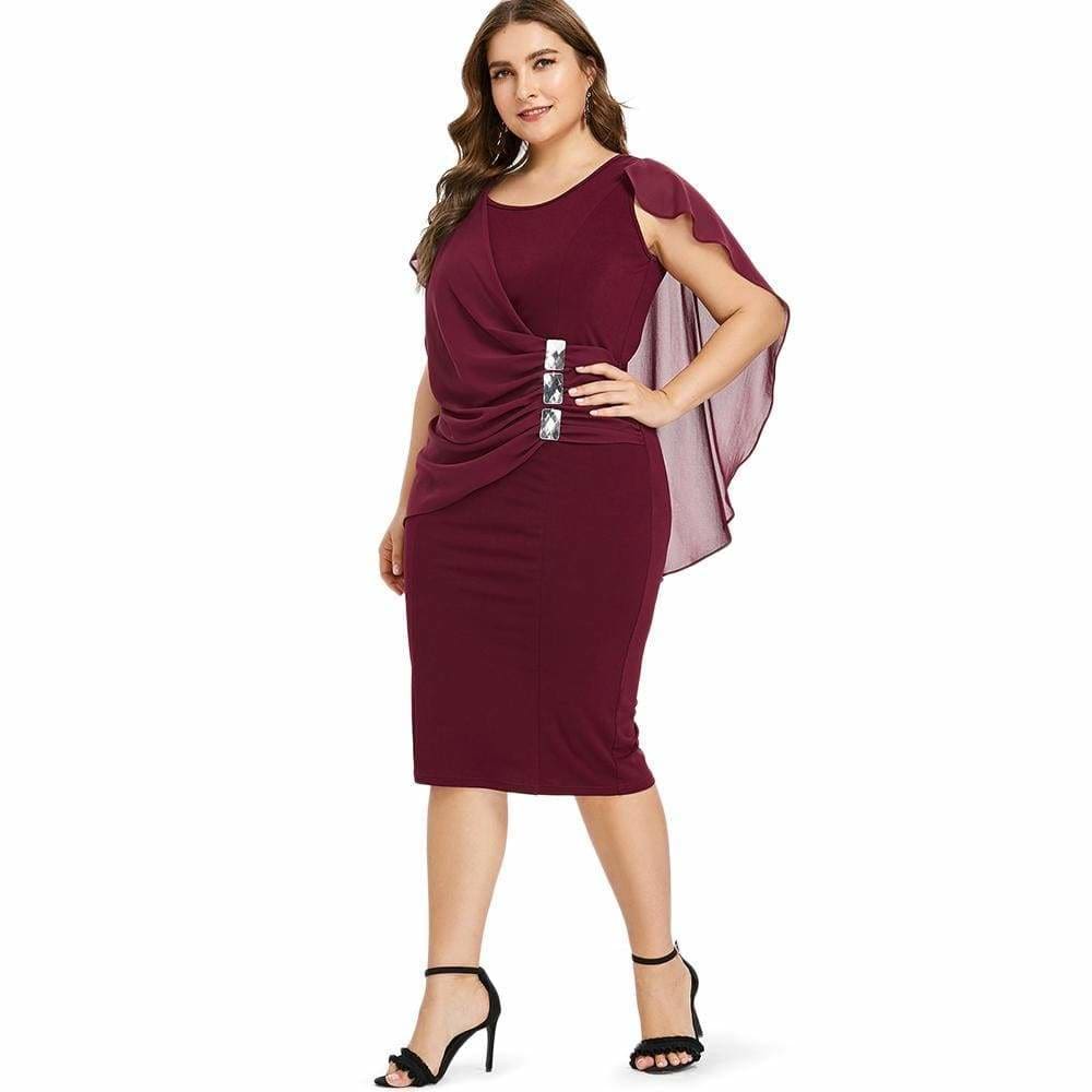 Clearance Rhinestone Ruched Embellished Capelet Dress O-Neck Sleeveless