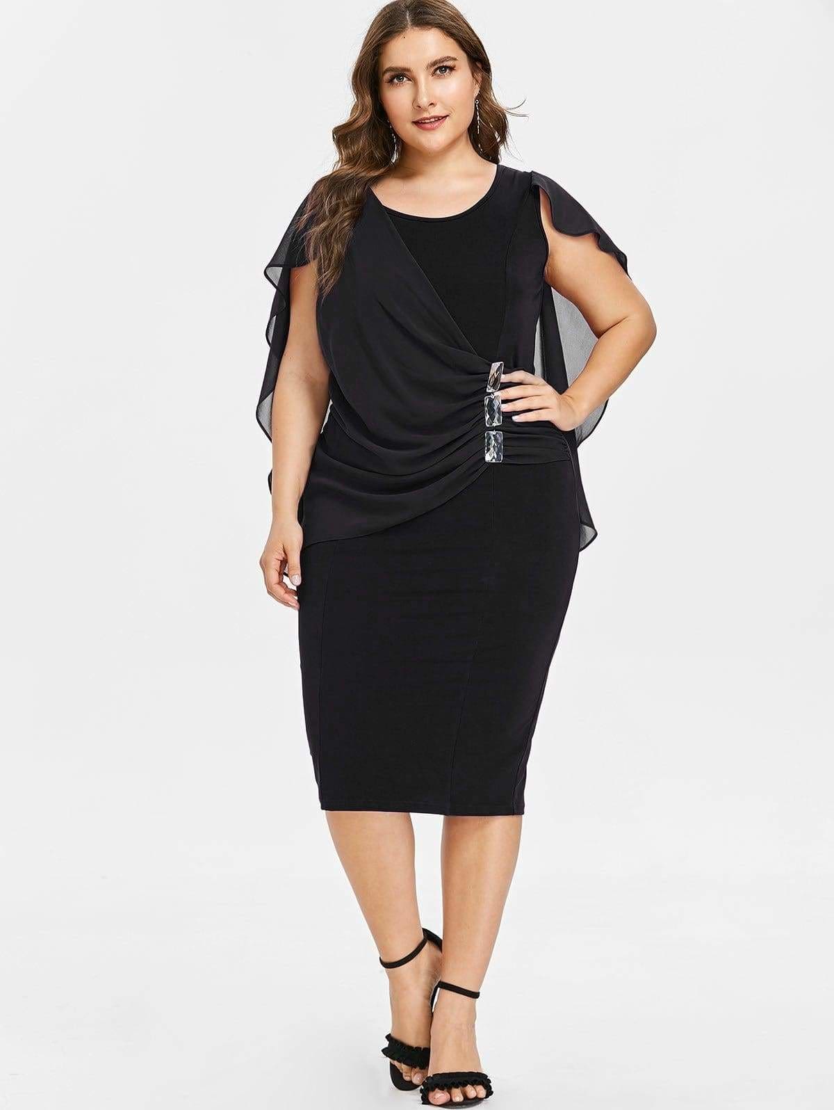 Clearance Rhinestone Ruched Embellished Capelet Dress O-Neck Sleeveless