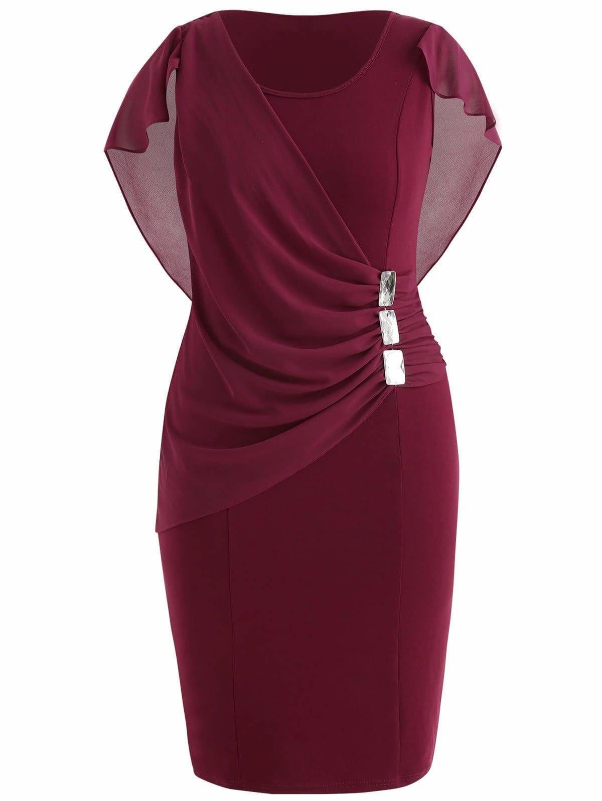 Clearance Rhinestone Ruched Embellished Capelet Dress O-Neck Sleeveless