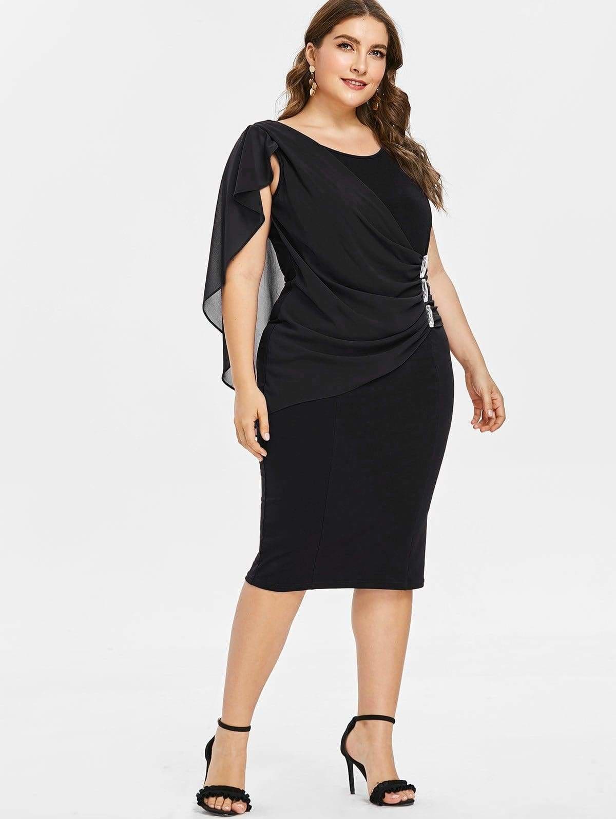 Clearance Rhinestone Ruched Embellished Capelet Dress O-Neck Sleeveless