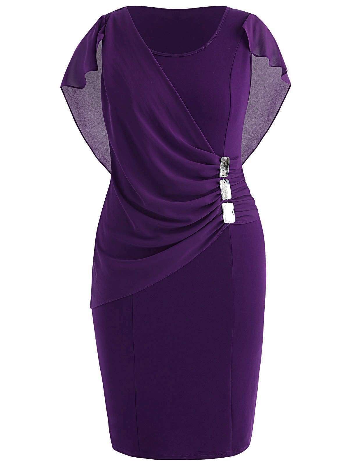 Clearance Rhinestone Ruched Embellished Capelet Dress O-Neck Sleeveless