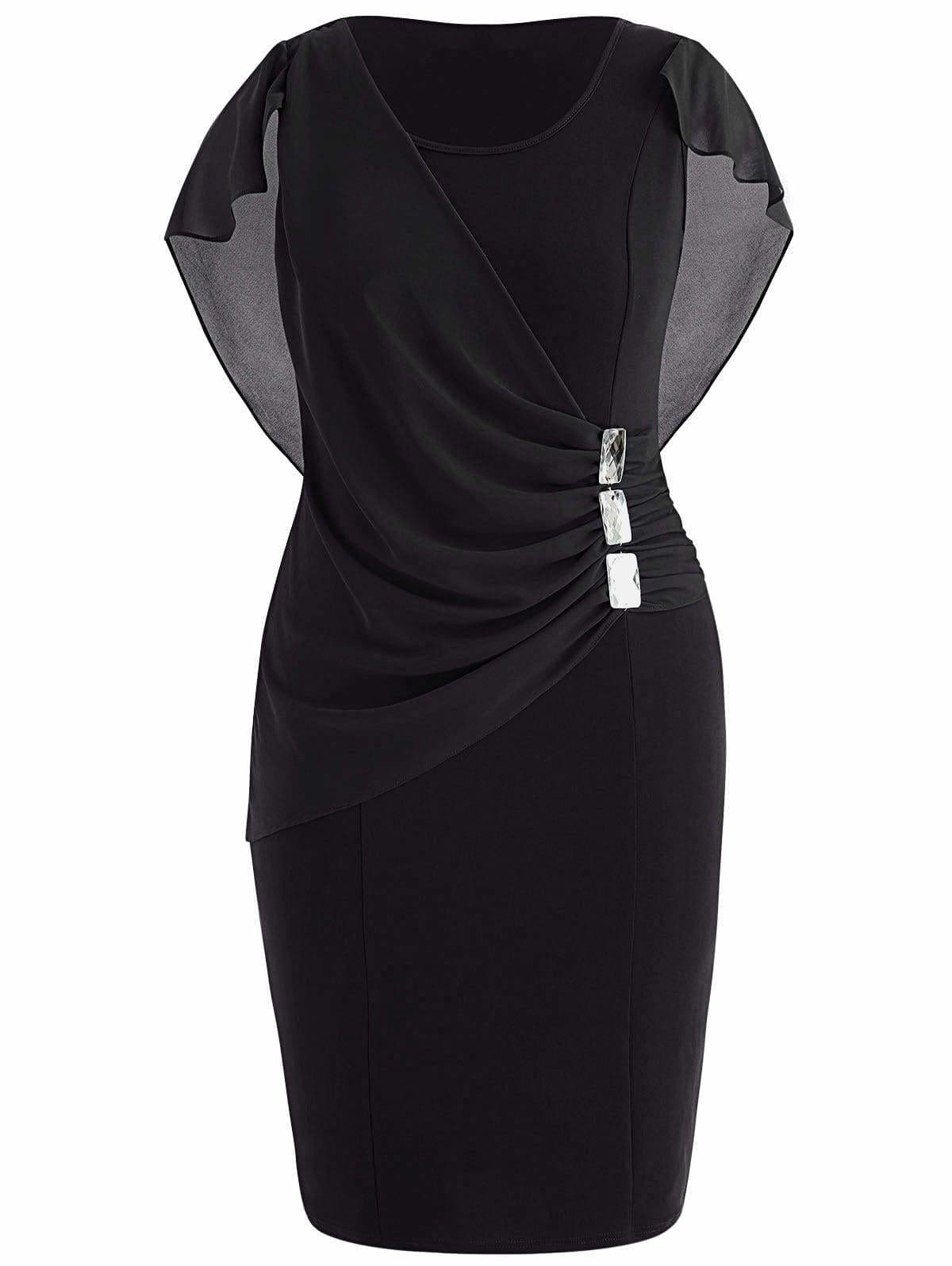 Clearance Rhinestone Ruched Embellished Capelet Dress O-Neck Sleeveless
