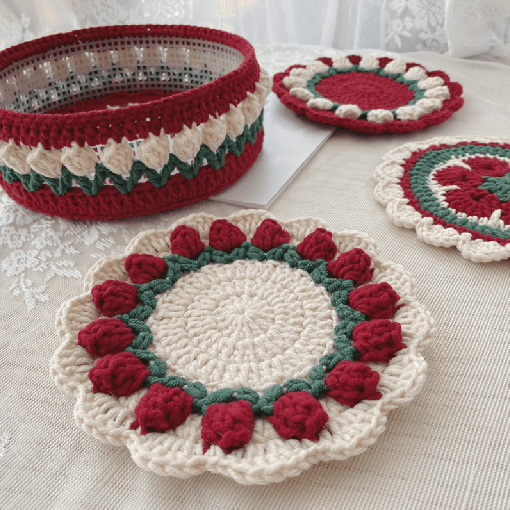 Rose Collection - Handmade Crochet Storage Basket - Burgundy