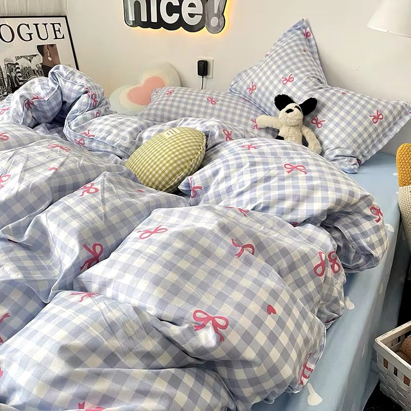 Pink Plaid Bowknot Bedding Set