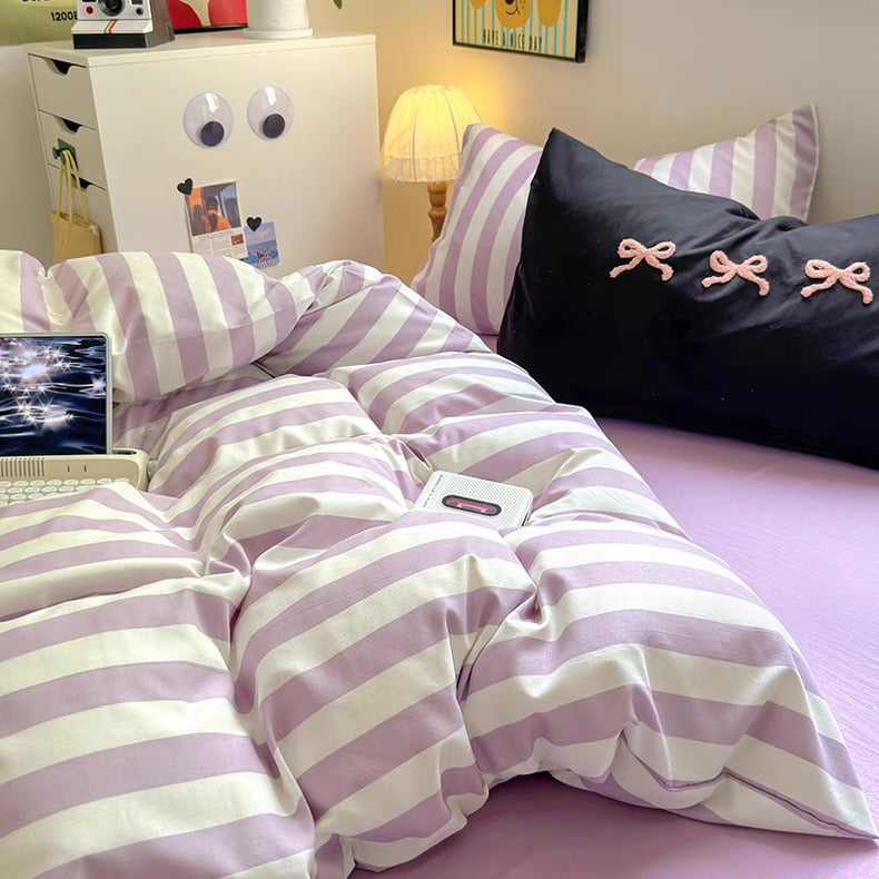 Purple Striped Cotton Bedding Set