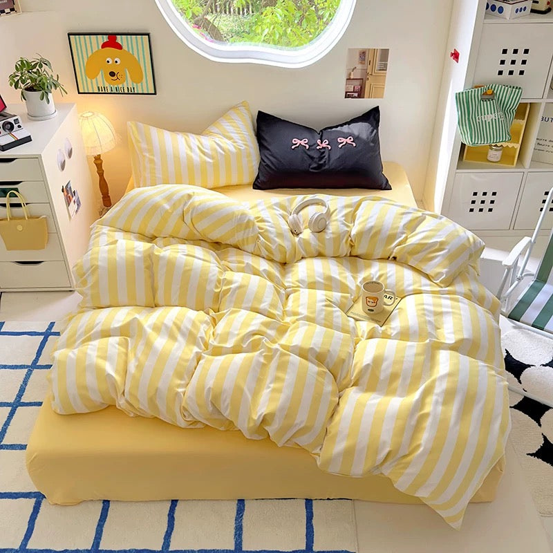 Beige Striped Cotton Bedding Set
