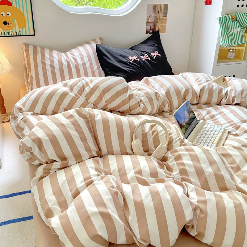 Beige Striped Cotton Bedding Set