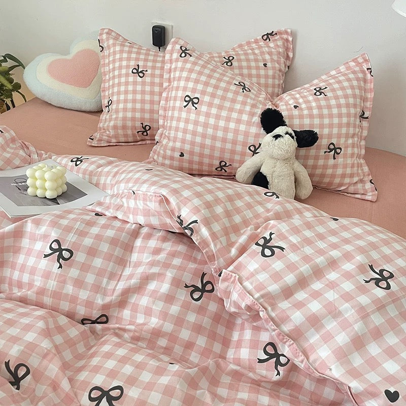 Pink Plaid Bowknot Bedding Set