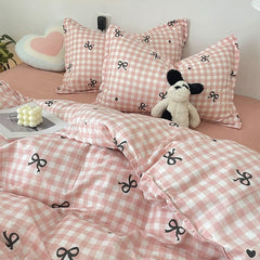 Pink Plaid Bowknot Bedding Set
