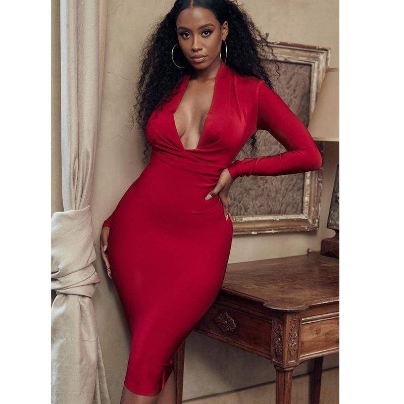 Solid Color Dress Long Sleeve Large V-neck Bandage Dress