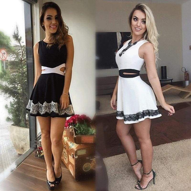 Summer Dress OL Lady Sleeveless O-neck Lace Patchwork Casual Slim Fit Hollow Out Mini Waist Dress white black