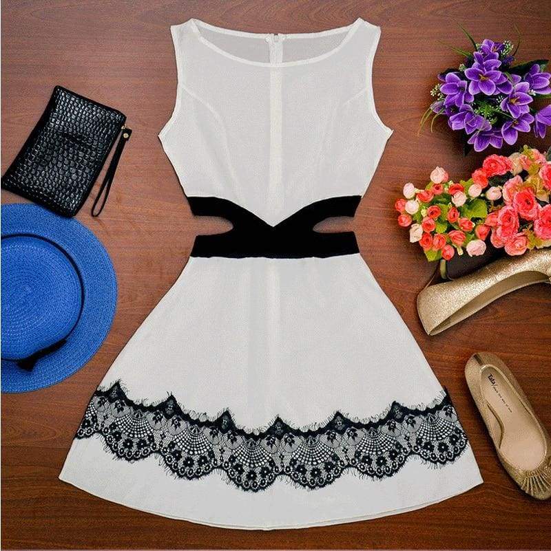 Summer Dress OL Lady Sleeveless O-neck Lace Patchwork Casual Slim Fit Hollow Out Mini Waist Dress white black