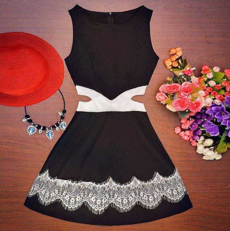 Summer Dress OL Lady Sleeveless O-neck Lace Patchwork Casual Slim Fit Hollow Out Mini Waist Dress white black