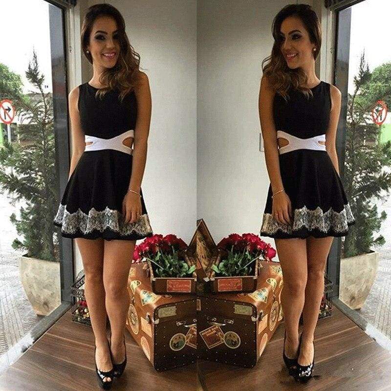 Summer Dress OL Lady Sleeveless O-neck Lace Patchwork Casual Slim Fit Hollow Out Mini Waist Dress white black
