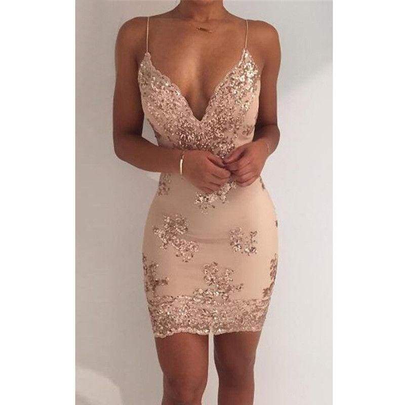 Summer Dress Spaghetti Strap V Neck Sequined Lace Bodycon Dresses Sleeveless Party Evening Vestidos Femme Short Mini Dress