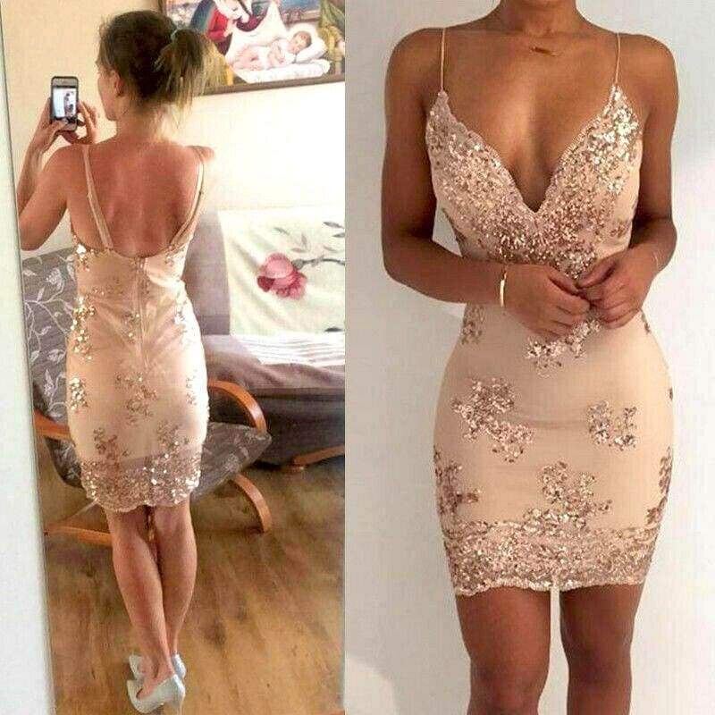Summer Dress Spaghetti Strap V Neck Sequined Lace Bodycon Dresses Sleeveless Party Evening Vestidos Femme Short Mini Dress