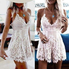 Summer Lace Short Mini Dress Ladies Bodycon Sleeveless Summer Holiday Party Boho Beach Mini Dress Sundress