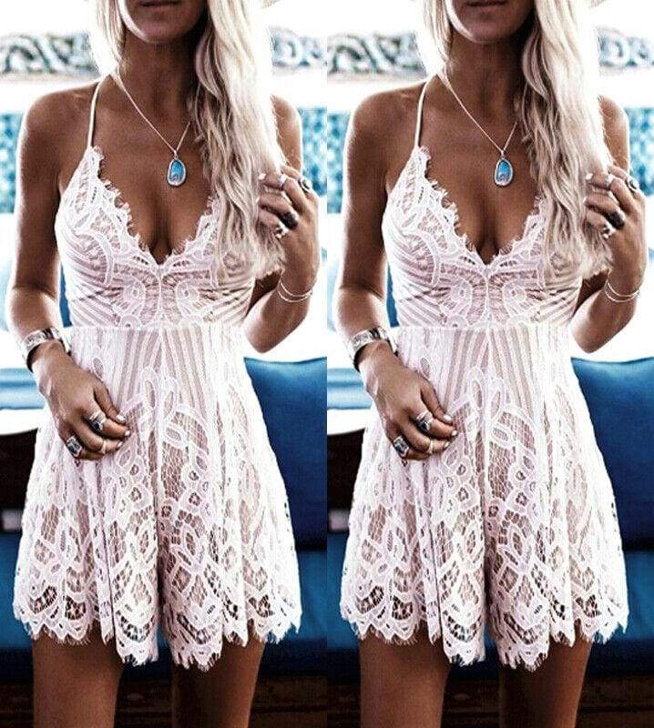Summer Lace Short Mini Dress Ladies Bodycon Sleeveless Summer Holiday Party Boho Beach Mini Dress Sundress