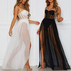 Summer Mesh Cover Ups Sundress Perspective Sleeveless Backless Casual Long Bathing Suit Beach Clothes