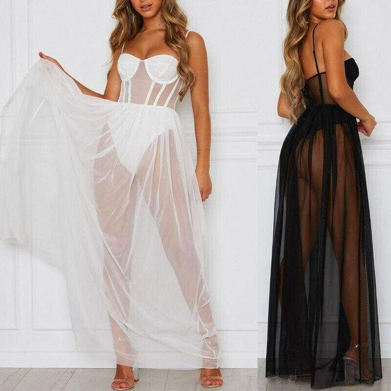 Summer Mesh Cover Ups Sundress Perspective Sleeveless Backless Casual Long Bathing Suit Beach Clothes