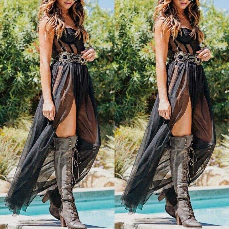 Summer Mesh Cover Ups Sundress Perspective Sleeveless Backless Casual Long Bathing Suit Beach Clothes