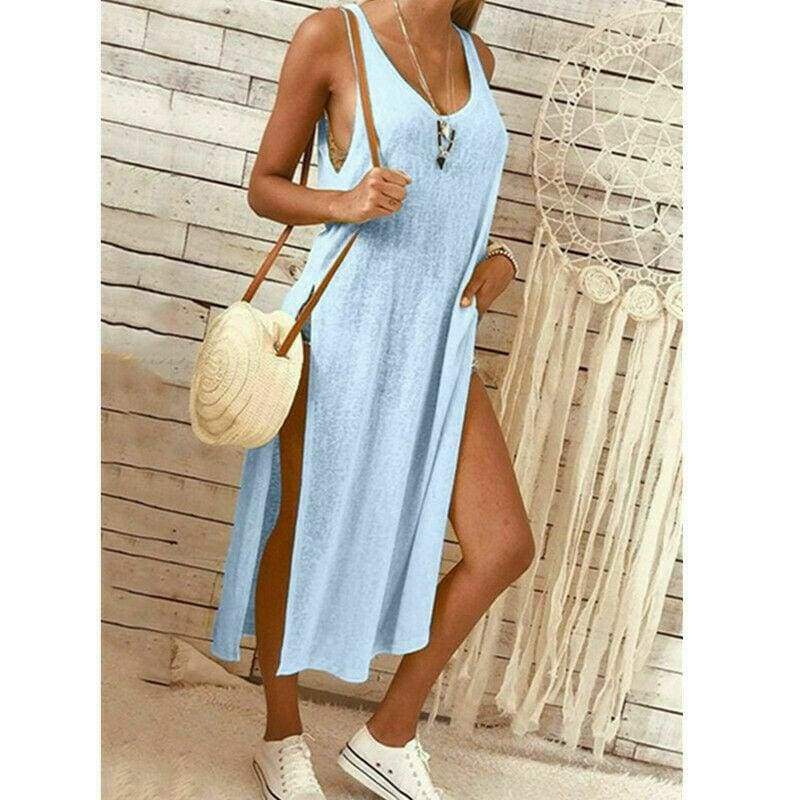 Summer WomenSolid Color Split Sleeveless V-Neck Loose Casual Party Bohemian Dress Holiday Beach Sundress