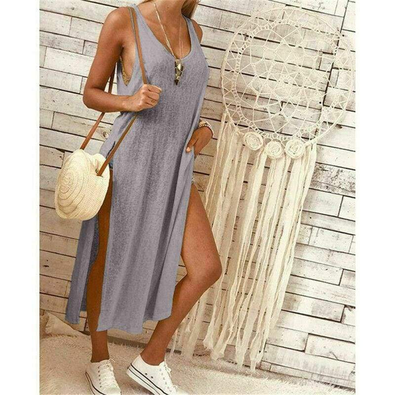 Summer WomenSolid Color Split Sleeveless V-Neck Loose Casual Party Bohemian Dress Holiday Beach Sundress