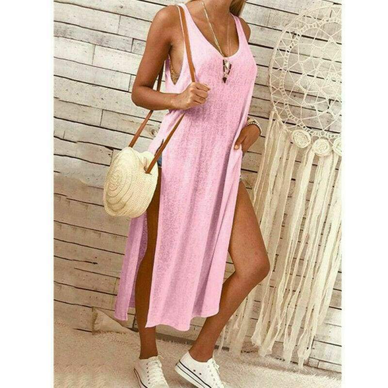 Summer WomenSolid Color Split Sleeveless V-Neck Loose Casual Party Bohemian Dress Holiday Beach Sundress
