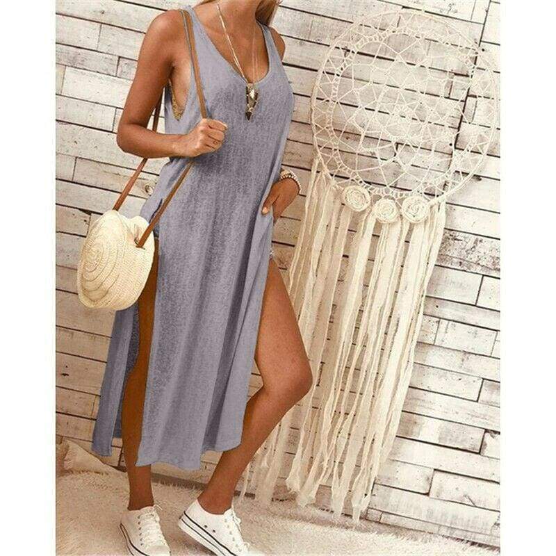 Summer WomenSolid Color Split Sleeveless V-Neck Loose Casual Party Bohemian Dress Holiday Beach Sundress