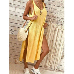 Summer WomenSolid Color Split Sleeveless V-Neck Loose Casual Party Bohemian Dress Holiday Beach Sundress