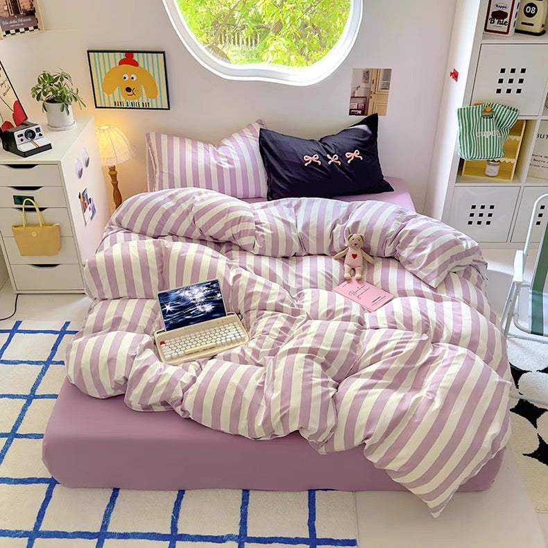 Beige Striped Cotton Bedding Set