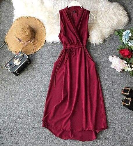 V-Neck Sleeveless Dresses French Chic Cross Drawstring Slim Waist