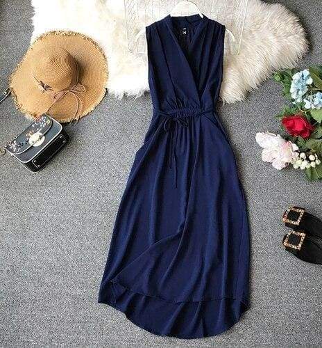 V-Neck Sleeveless Dresses French Chic Cross Drawstring Slim Waist
