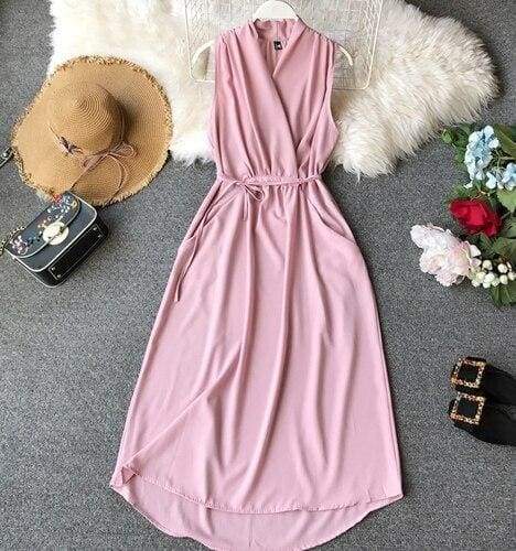 V-Neck Sleeveless Dresses French Chic Cross Drawstring Slim Waist