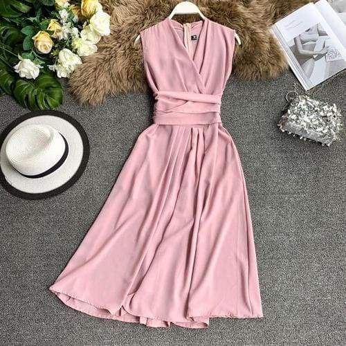 V-Neck Sleeveless Dresses French Chic Cross Drawstring Slim Waist