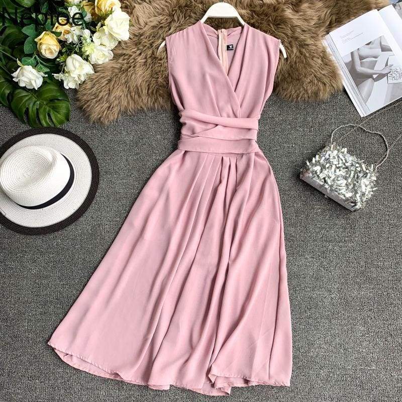 V-Neck Sleeveless Dresses French Chic Cross Drawstring Slim Waist
