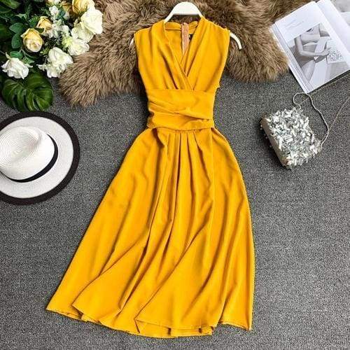 V-Neck Sleeveless Dresses French Chic Cross Drawstring Slim Waist