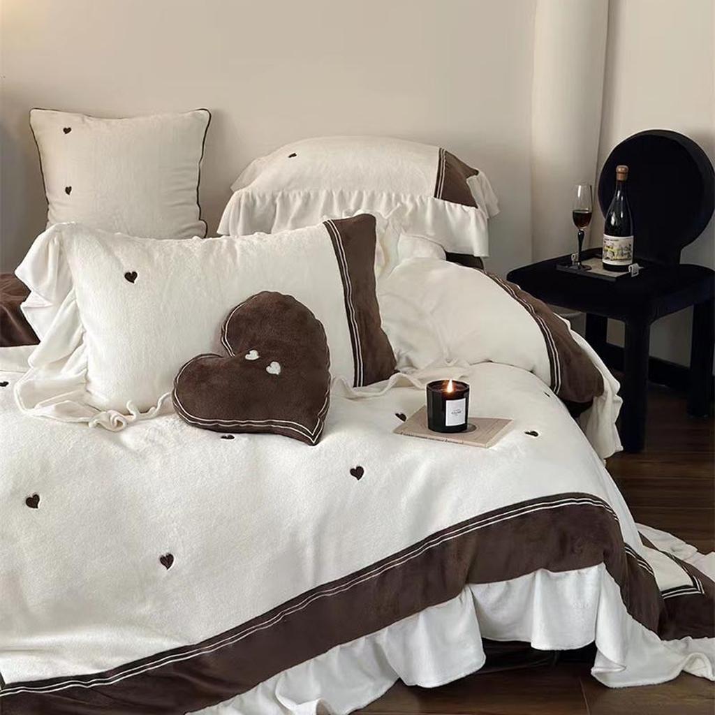 Velvet Heart Embroidery Ruffle Bedding Set - Chocolate Brown
